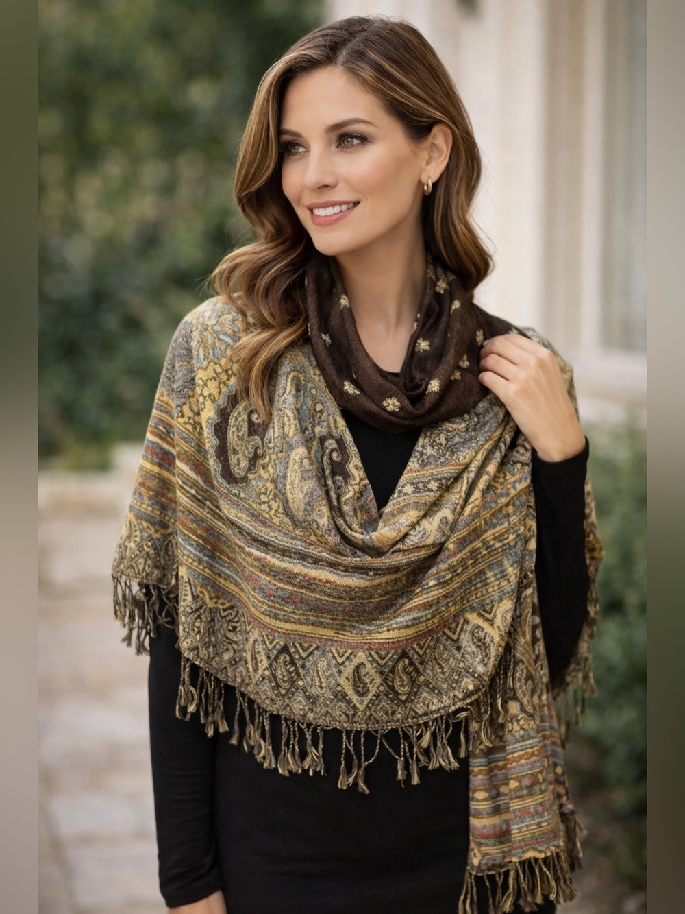 Cashmere Silk Paisley Pashmina Scarf Multicolor Fringe Woven 74"X27" Shawl Brown